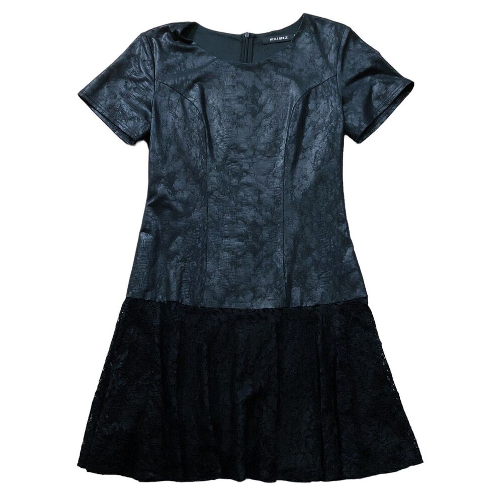 Wells Grace Womens Dress size S Black Faux Leather Lace Lined  A-Line Short Slvs